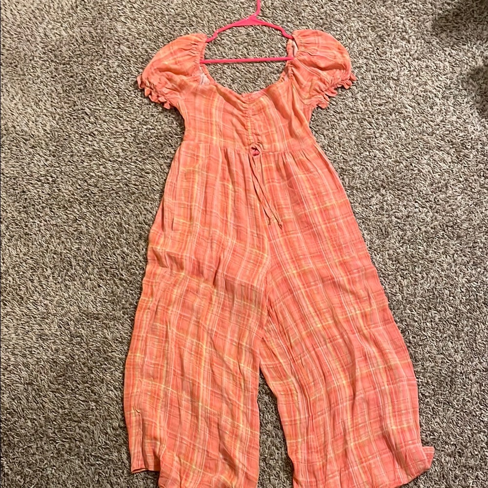 Coral Plaid Puff Sleeve Jumpsuit